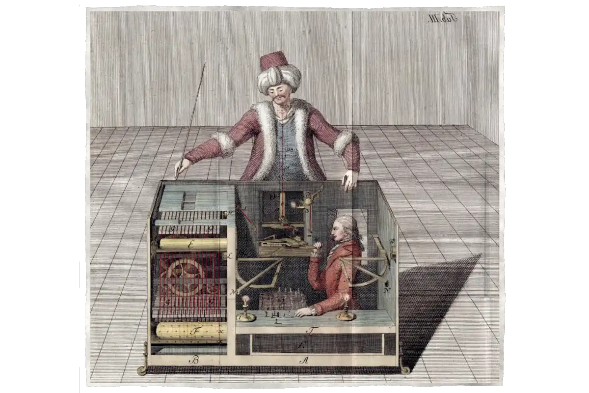 A cross-section of Joseph Friedrich Freiherr von Racknitz showing his conjectures about how the mechanical Turk works