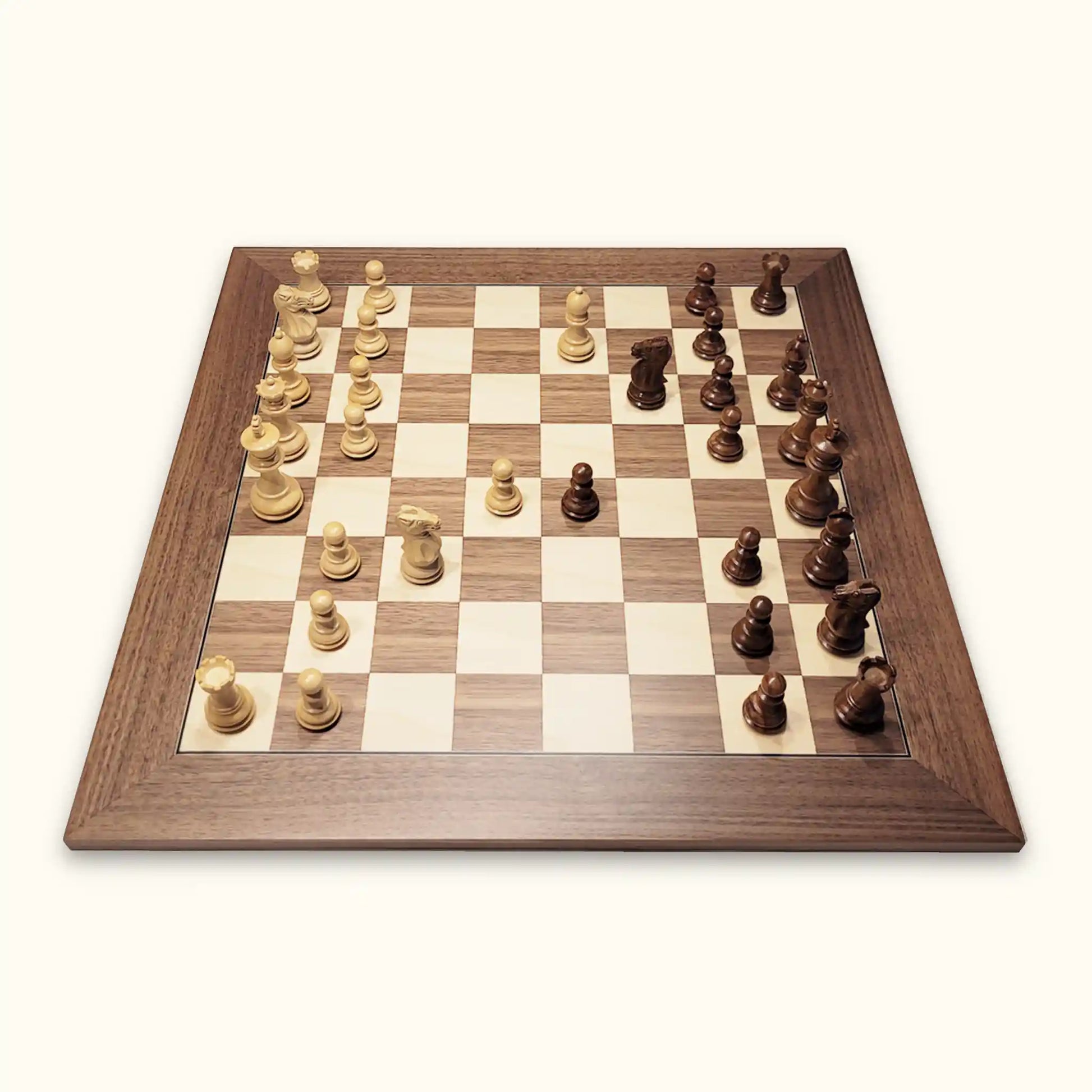 Chess pieces grade acacia on walnut chessboard side