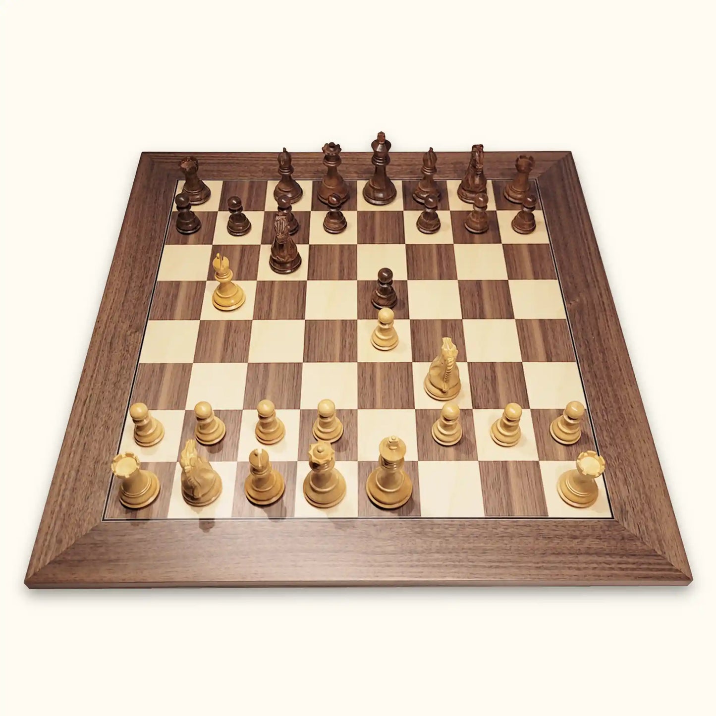 Chess set london at dawn with chess pieces supreme and chessboard walnut deluxe top view