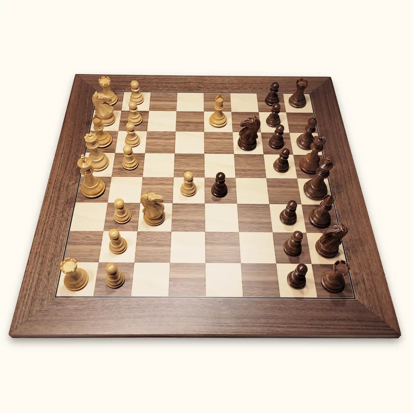 Chess pieces supreme acacia on walnut chessboard side